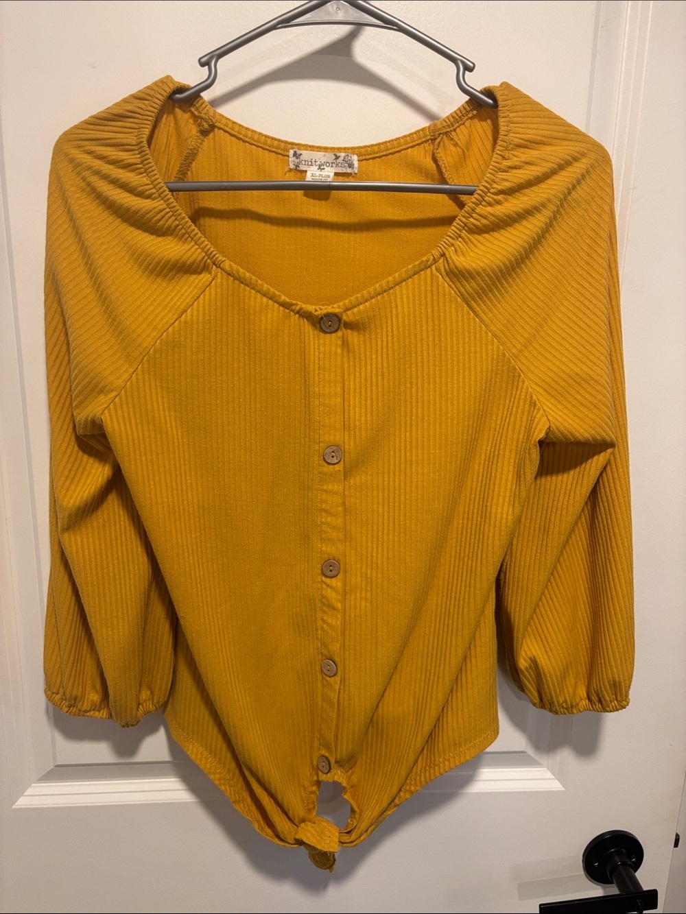 Knitworks Mustard Button-Front Knit Top with Tie Hem
